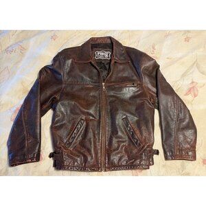 VTG First Genuine Leather Brown Motorcycle Jacket Mens Large Zipper & Pockets